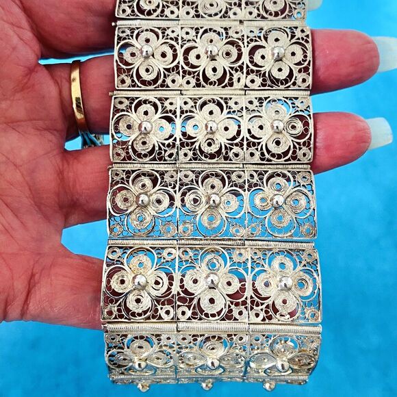 Vintage Wide Filigree Silver Bracelet Intricate Tile Design 1 3/4" W 7" L - Picture 8 of 9